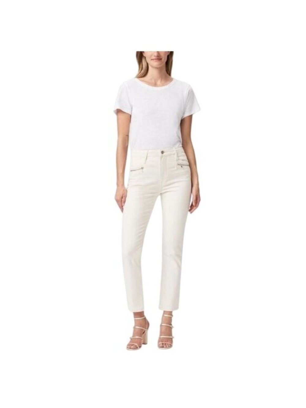 Paige Cindy Sandy Ecru Modern Fit Denim Jeans Pants W/ Zip detail Womens 30